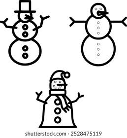 Snowman Icon Set: Featuring Three Unique Snowmen Designs, Perfect for Winter Themes, Holiday Decorations, and Seasonal Illustrations in Your Creative Projects.