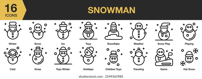 Conjunto de iconos de muñeco de nieve. Incluye invierno, nieve, hielo, juguetes, copo de nieve, frío, Navidad, vacaciones y más. Colección de Vector de iconos de contorno.