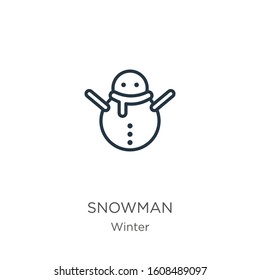 Snowman icon. Thin linear snowman outline icon isolated on white background from winter collection. Line vector sign, symbol for web and mobile
