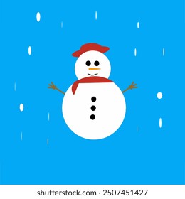 Snowman icon vector cartoon illustration with blue background and falling snow suitable for Christmas decoration..