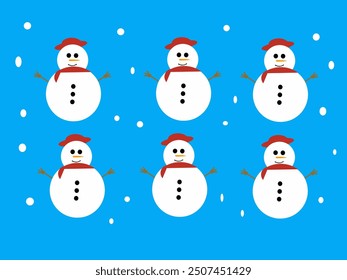 Snowman icon vector cartoon illustration with blue background and falling snow suitable for Christmas decoration..