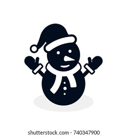 Snowman icon, vector. Snowman with hat, scarf and mittens flat black silhouette illustration.