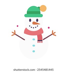 Snowman icon wearing green hat and red scarf, symbolizing winter.