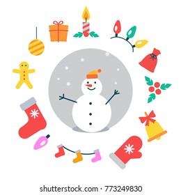 Snowman and icons around it, garlands and red bag, mistletoe and bell with bow, mitten and socks, gingerbread man and ball vector illustration