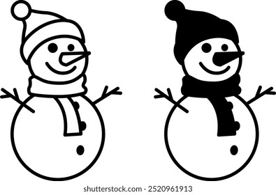 Snowman Icons. Black and White Vector Icons. Funny Snowman in a Hat and Scarf. Christmas and Holiday Concept