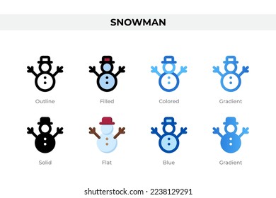 Snowman icons in different style. Snowman icons set. Holiday symbol. Different style icons set. Vector illustration