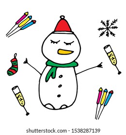 Snowman with icons set: fireworks, snowflake, champagne glass and gift socks. Inscription for prints, postcards, posters, socials, banners, stickers and seasonal design.