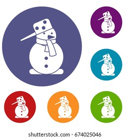 Snowman icons set in flat circle reb, blue and green color for web
