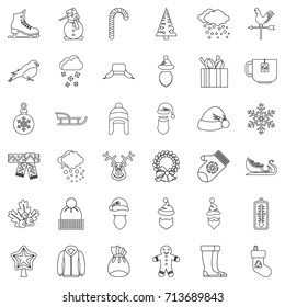 Snowman icons set. Outline style of 36 snowman vector icons for web isolated on white background