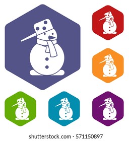 Snowman icons set rhombus in different colors isolated on white background