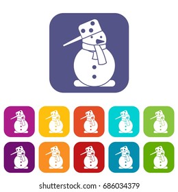 Snowman icons set vector illustration in flat style in colors red, blue, green, and other