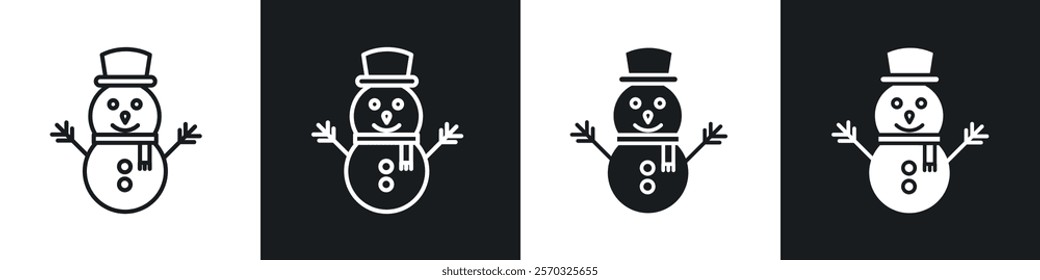 Snowman icons vectors set in black. line and flat versions