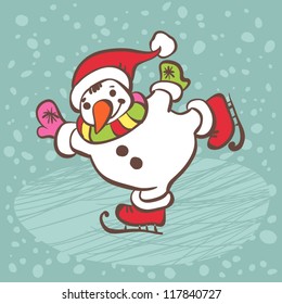 Snowman illustration card. Snowman skating.