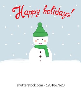 Snowman Illustration Happy Holidays Card Winter Snow Man with Knitted Scarf and Hat