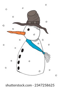 Snowman illustration image. 
Hand drawn image artwork of a Snowman. 
Simple cute original logo.
Hand drawn vector illustration for posters, cards, t-shirts.