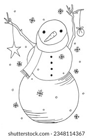 Snowman illustration image. 
Hand drawn image artwork of a Snowman. 
Simple cute original logo.
Hand drawn vector illustration for posters, cards, t-shirts.