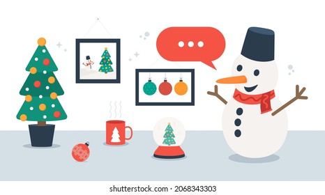 Snowman illustration with red chat speech bubble. Cute snowman rise hand and saying something. Office desk on background. Christmas red scarf and mittens. Speech bubble or call-out message template