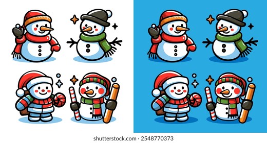 Snowman illustration. Set of Christmas element design. Funny and cute figures. Fit for symbol, character, logo, cover, poster. Vector graphic.