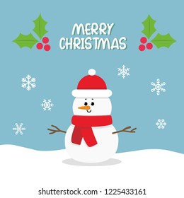 Snowman illustration with snow background with merry christmas sign, flat vector design.