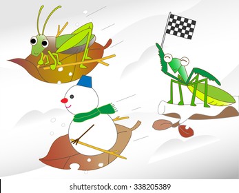 A snowman and the insects which ski, and are idle
