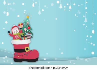 Snowman inside boots and christmas tree.Vector illustration.Christmas card.