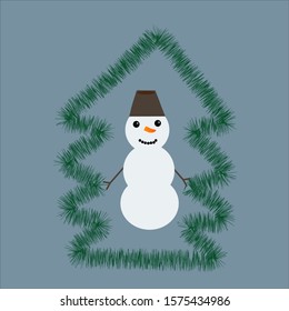 Snowman inside green Christmas tree with background