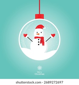 Snowman inside a snow globe. New Year’s and Christmas glass ornament. Merry Christmas festive vector illustration