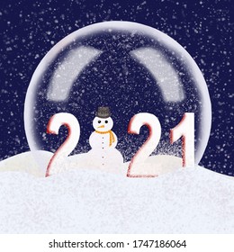 Snowman inside a snow globe. Stock vector illustration