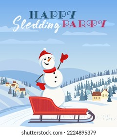 Snowman invite to sledding party vector poster. Comic Snowman ride on Sleigh cartoon illustration. Sledding outdoor welcome flyer, banner template. Wintertime kids, family enjoy invitation background