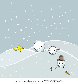 snowman, ironic card with funny snowman stumbled and broken with snow