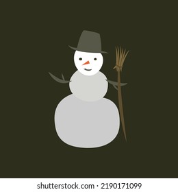 Hombre de nieve aislado en un fondo negro. Diseño plano.