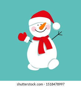 Snowman isolated on blue background. Walking snowman wearing a red scarf,  hat and mitten. Christmas vector illustration.