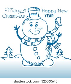 Snowman isolated on blue background. Cute cartoon snowman in vector for winter design.