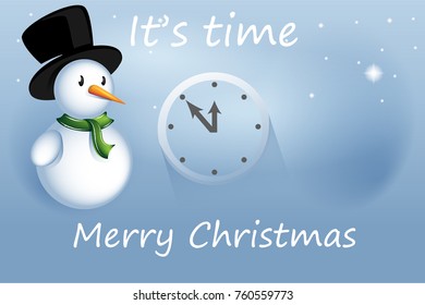 Snowman isolated on blue background with slogan: "Its time, merry christmas". For web site, greeting card, invitation card and app. Christmas concept 2018