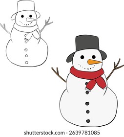 Snowman isolated on transparent background. Vector graphic line ink illustration. Banner, poster, sticker, print, modern textile design. Coloring Sheet for Stress Relief and Relaxation
