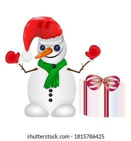 Snowman isolated on white background. Cartoon snowman with gift box.Christmas snowman wearing red santas hat and green scarf.Stock vector illustration