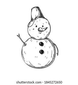 Snowman isolated on white background. Sketch, hand drawn illustration
