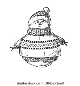 Hombre de nieve aislado en un fondo blanco. Esbozo, ilustración dibujada a mano