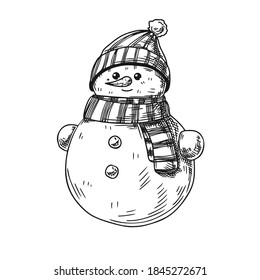 Snowman isolated on white background. Sketch, hand drawn illustration