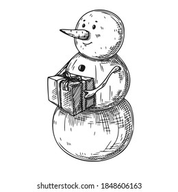 Schneemann einzeln auf weißem Hintergrund. Skizze, handgezeichnet