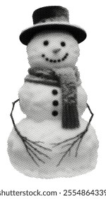 snowman isolated on white background halftone collage element with top hat carrot nose scarf retro grunge vintage dotted texture for mixed media design winter season cut-out magazine newspaper object