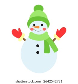 Snowman isolated on a white background. Colored icon, vector illustration in a flat style. Cheerful snowman in a green hat.