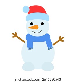 Snowman isolated on a white background. Colored icon, vector illustration in a flat style. Cheerful snowman in a red hat.	
