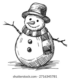 Muñeco de nieve aislado en el fondo blanco Boceto dibujado a mano retro vintage con nariz de zanahoria Ojos de carbón Bufanda a rayas Sombrero Ramas de árbol Brazos Invierno o Navidades Tarjeta de vacaciones Elemento de diseño