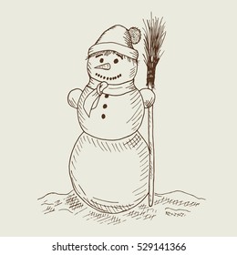 Snowman isolated on white background. Cute cartoon snowman in vector for winter design. Christmas hand drawn vector illustration vintage style.