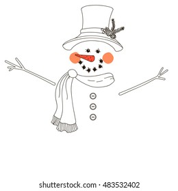 Snowman. Isolated outline on a white background.Vector illustration.