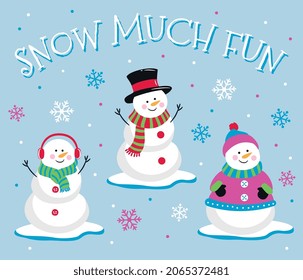 Snowman Isolated with snow much fun Text and Snowflakes, Cute Snowman characters vector design 