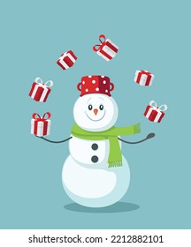 
Snowman Juggling Christmas Gifts Vector Cartoon Illustration. Funny greeting card design presenting winter activities 
