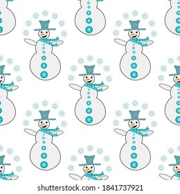 Snowman Juggling Snowflakes Seamless Vector Pattern Background. Fun Snowmen Dressed In Blue Hats And Scarves On Pastel Backdrop. Hand Drawn Geometric Illustration. All Over Print For Winter Concept.