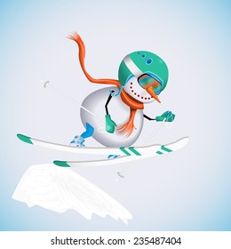Snowman in a jump on a slope on skis. Winter fun. Vector illustration.